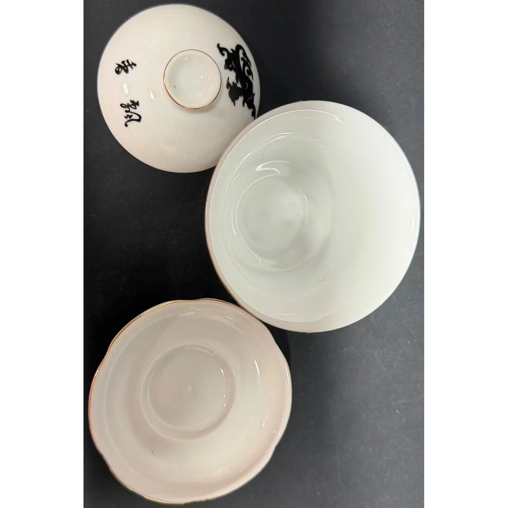 Vintage Chinese Porcelain Gaiwan Tea Set White Gold Rim‎ Dragon Calligraphy 3pc